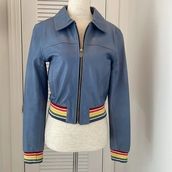*RARE NWOT Hand Crafted The Mighty Company Blue Ribbed Leather Bomber Jacket XS
